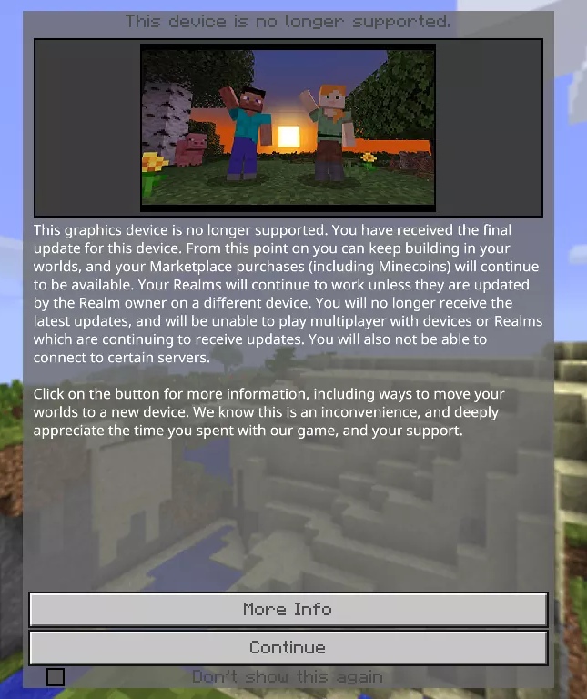 My Minecraft Windows 10 edition says that the pc that I use isn't supported anymore and my... f07fcb75-4508-44da-bada-9deec3f4bb15?upload=true.jpg