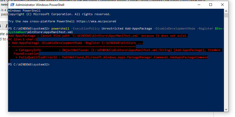 Windows microsoft store nowhere to be found i tried all the methods that was in the... f1232cad-658a-465d-90c1-a0cc1cff4e78?upload=true.png