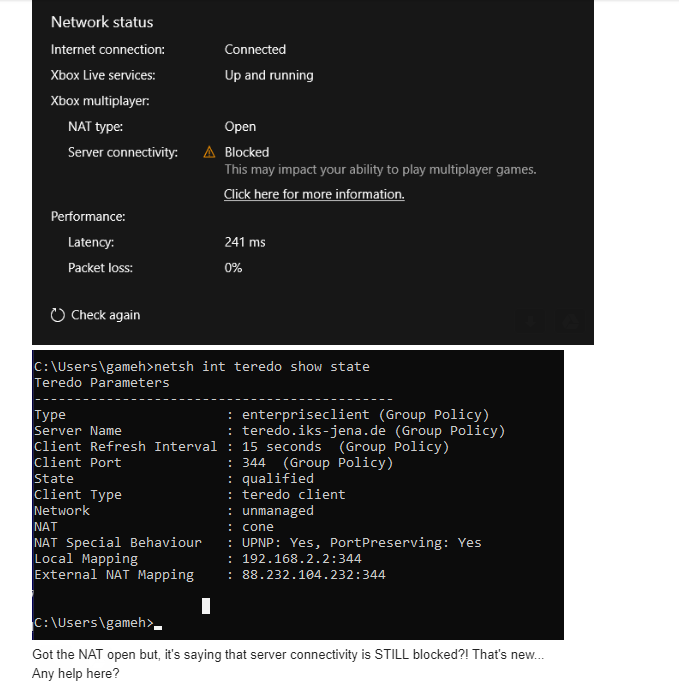 NAT OPEN but, the Server Connectivity is still blocked... f130b55d-0687-4c7b-8960-8703ab3914a4?upload=true.png