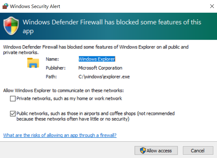 Windows Defender Firewall has blocked some features of Windows Explorer. Windows 10 f18347de-4ebd-4b06-bf24-c8726e0b5dbc?upload=true.png
