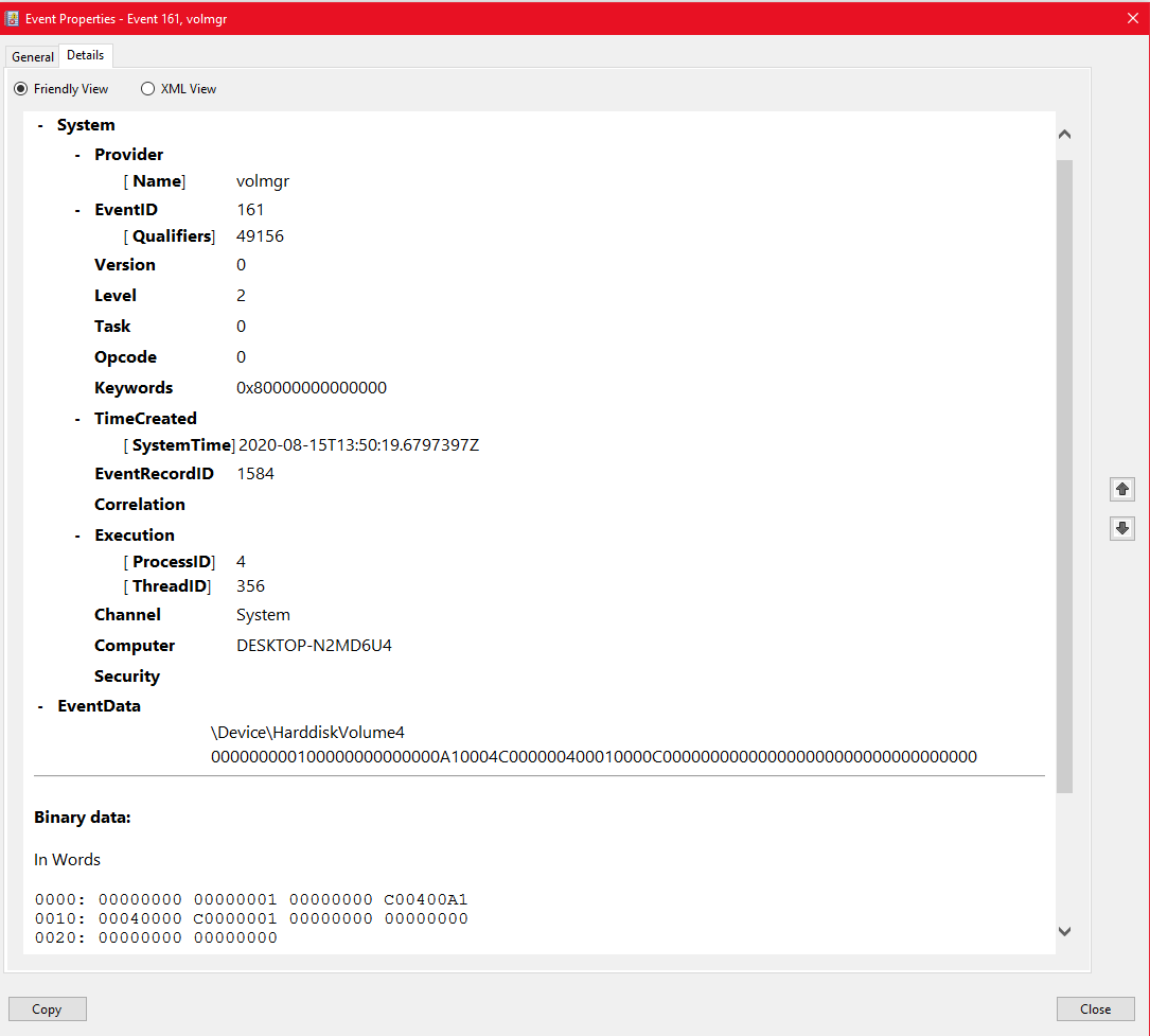 Random BSOD Event ID 161 volmgr followed by Event ID 41 Kernel-Power f1c4dfa1-e11e-420c-8d02-49c9c1c7b3ad?upload=true.png