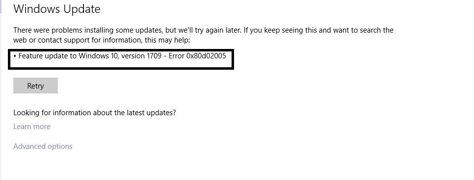error feature update to windows 10 version 1709