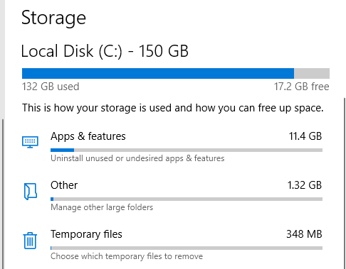 Storage shows that C: is 150GB, when it is not. How to correct this? f41f4f4c-6af0-48fd-840b-1678c6fe61e9?upload=true.png
