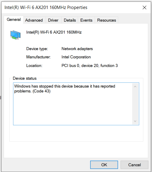 Can anyone help me with error code 10 and code 43, problems with my Wi-Fi wireless driver. f48de72d-7eff-4fcf-89e0-1d87b07013fe?upload=true.png