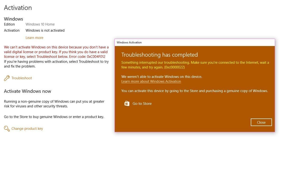 Windows 10 is no longer activated after PC crash.  Error codes: 0xC004F012 and 0xc0000022 f4b3a95f-8231-482d-8490-77f8db32b106?upload=true.jpg