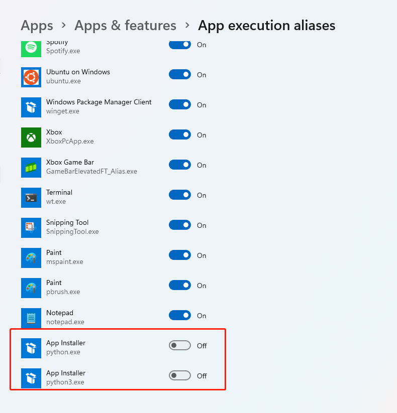 Are python.exe and python3.exe present under "App Execution aliases" By default ? f8a6993a-b0c7-40a4-940e-eb6c0576fbf5?upload=true.png