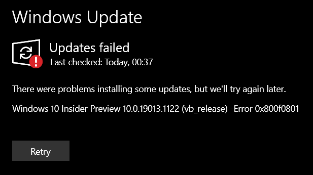 Update Issue: "Windows 10 Insider Preview 10.0.19013.1122 (vb_release) - Error 0x800f0801" f8bde1e0-e093-40a2-a45a-7bcbeae54d89?upload=true.png