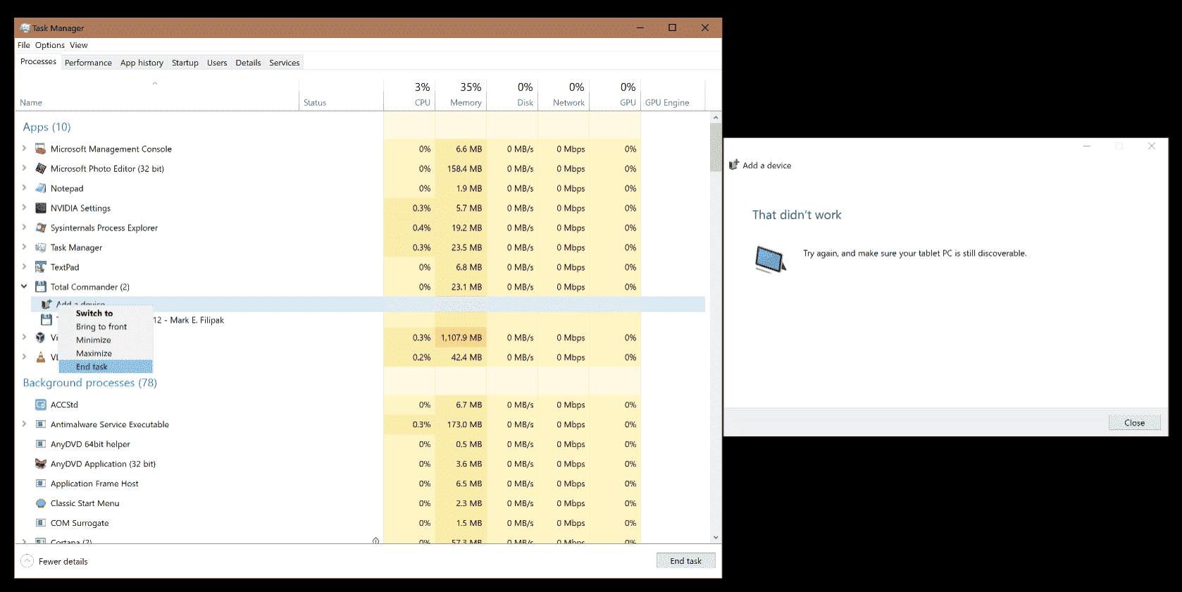 Any ideas why 'Add a device' dialog will not [Cancel] or [Close]? f8d326e5-32e1-487c-8a83-3f1089458744?upload=true.png
