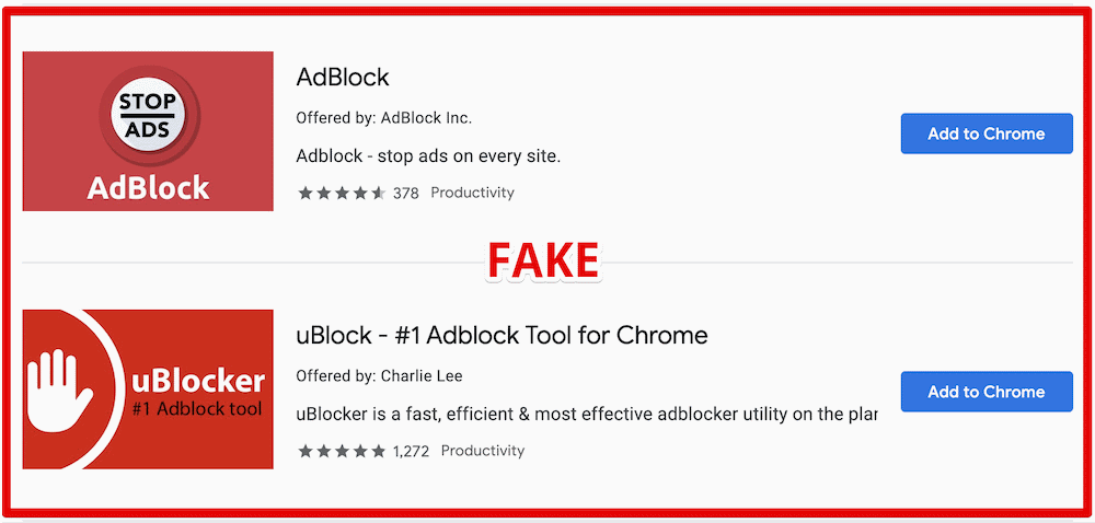 Google removes two Chrome ad blocker extensions caught cookie stuffing fake-blockers-chrome-store.png