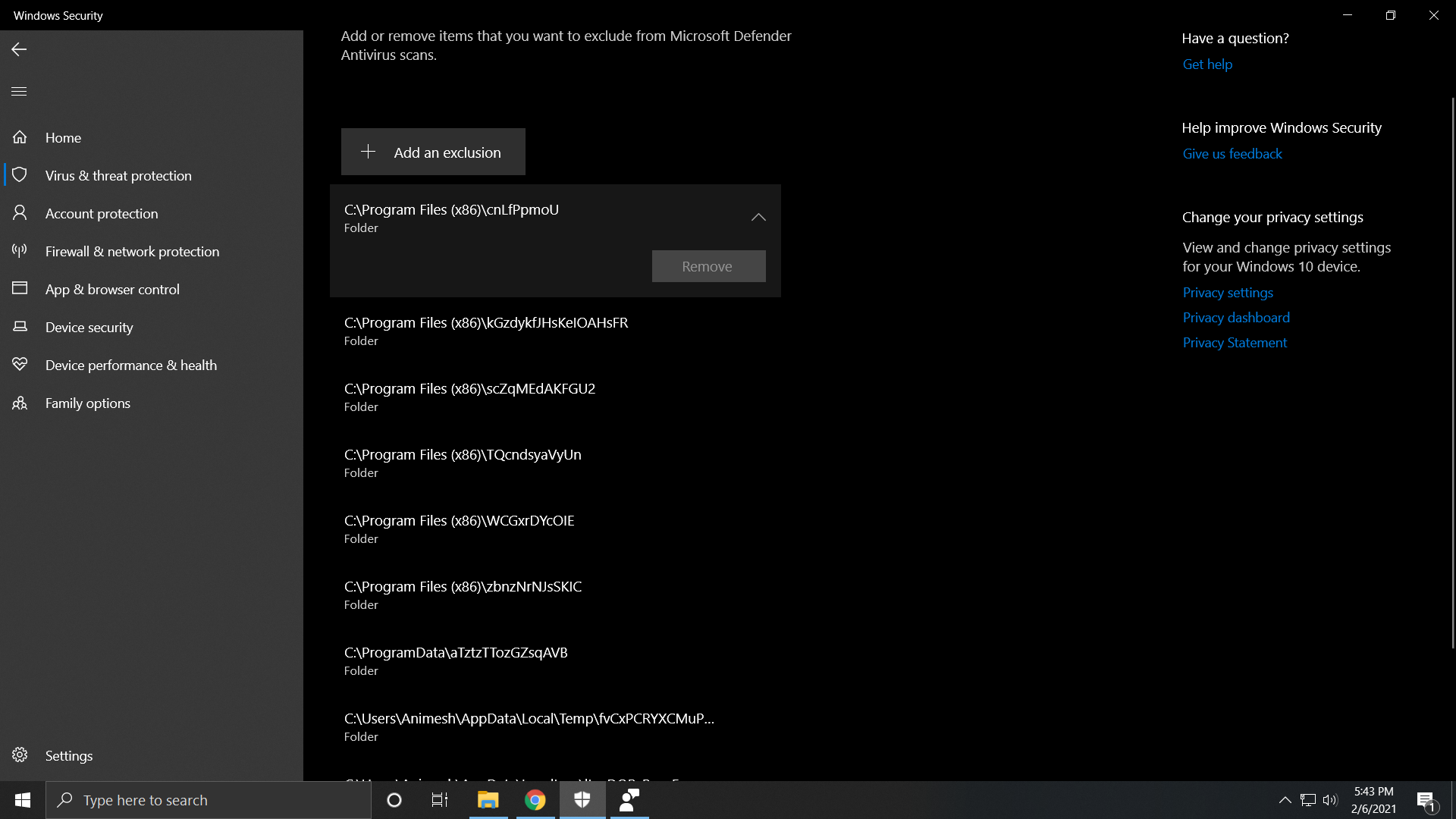 Need to remove items from Exclusion List Windows Defender fb6fd337-77d7-4a65-a535-cd4b3e3068f2?upload=true.png