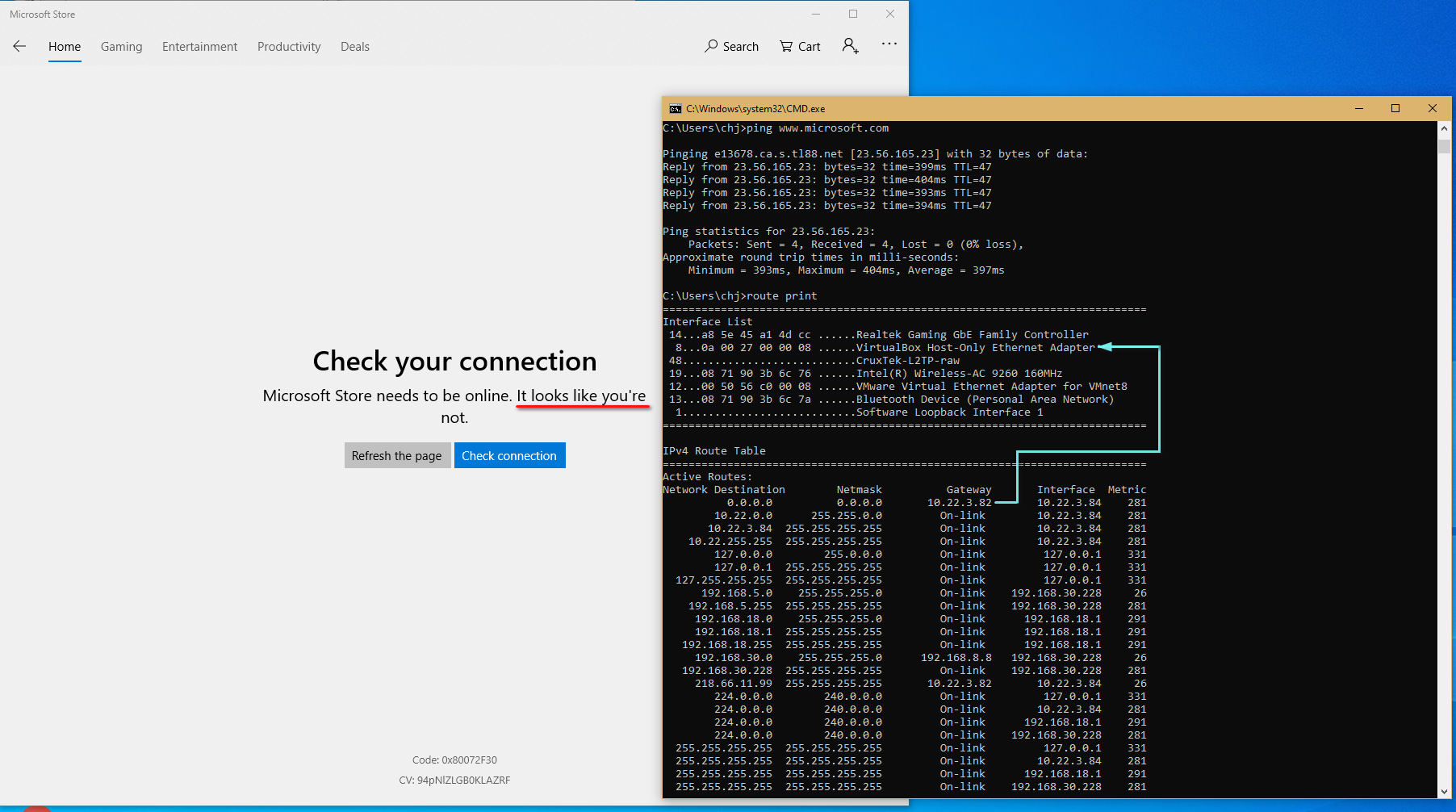 Win10.1909, I have Internet connection but MS APP says no. How to work around. fc6ad711-3f07-4538-b15c-75b158c12e2b?upload=true.png