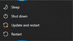 Start menu is showing normal shut down options, but also an option to update and restart,... fd2679b6-a825-41d9-bdaa-2a0a12bcdc0f?upload=true.png