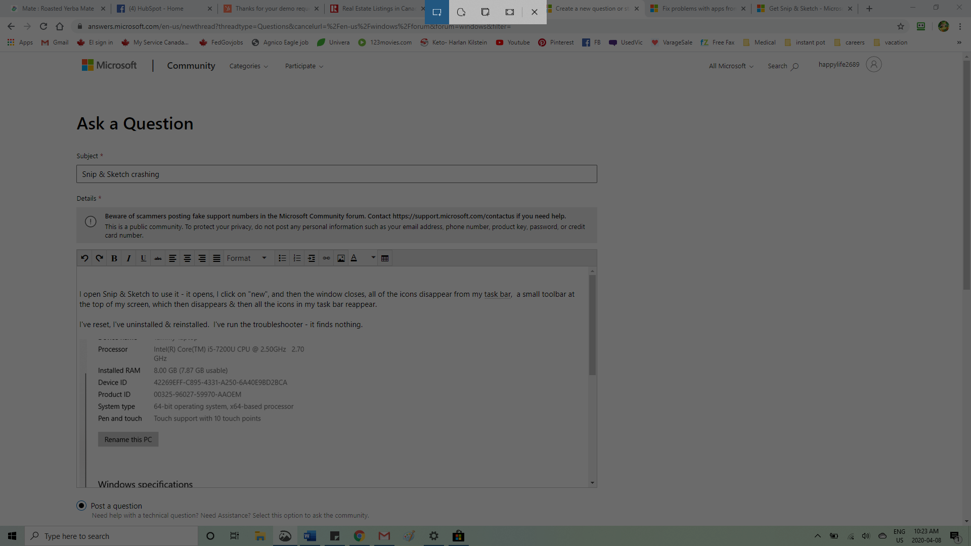 Snip & Sketch crashing, reset & uninstall/reinstall still not working fd5e9198-bf17-454d-aaf0-567cd7f60735?upload=true.png