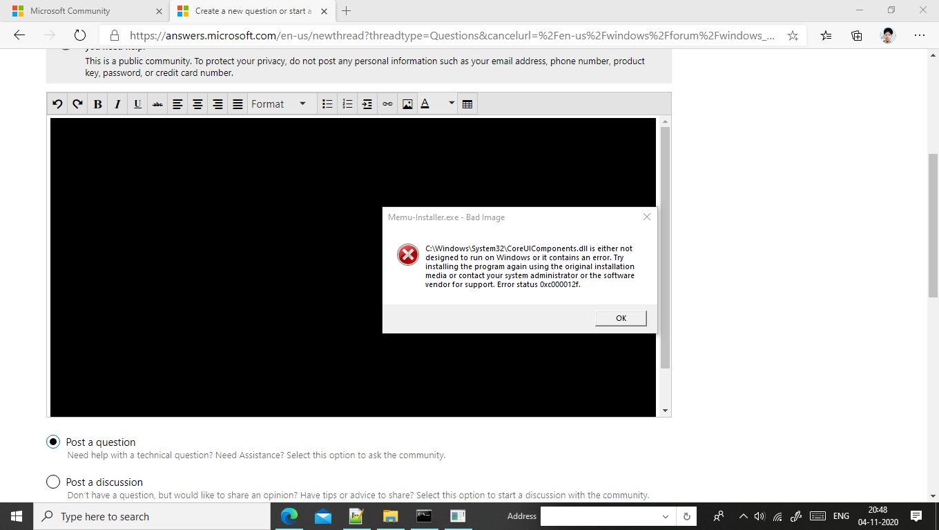 when i am window i got this error 0x000012f fe12b6a2-727e-480a-a5d2-d92317204162?upload=true.png