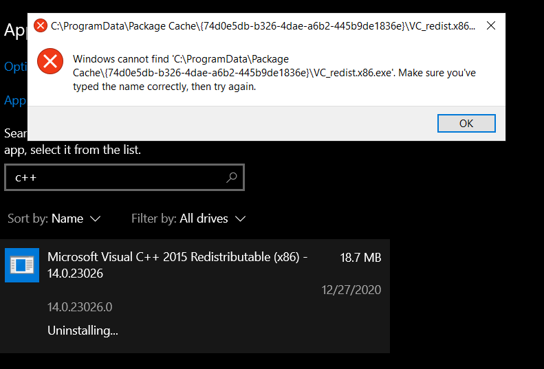 Cannot Uninstal Microsoft Visual C 15 Redistributable X86 14 0