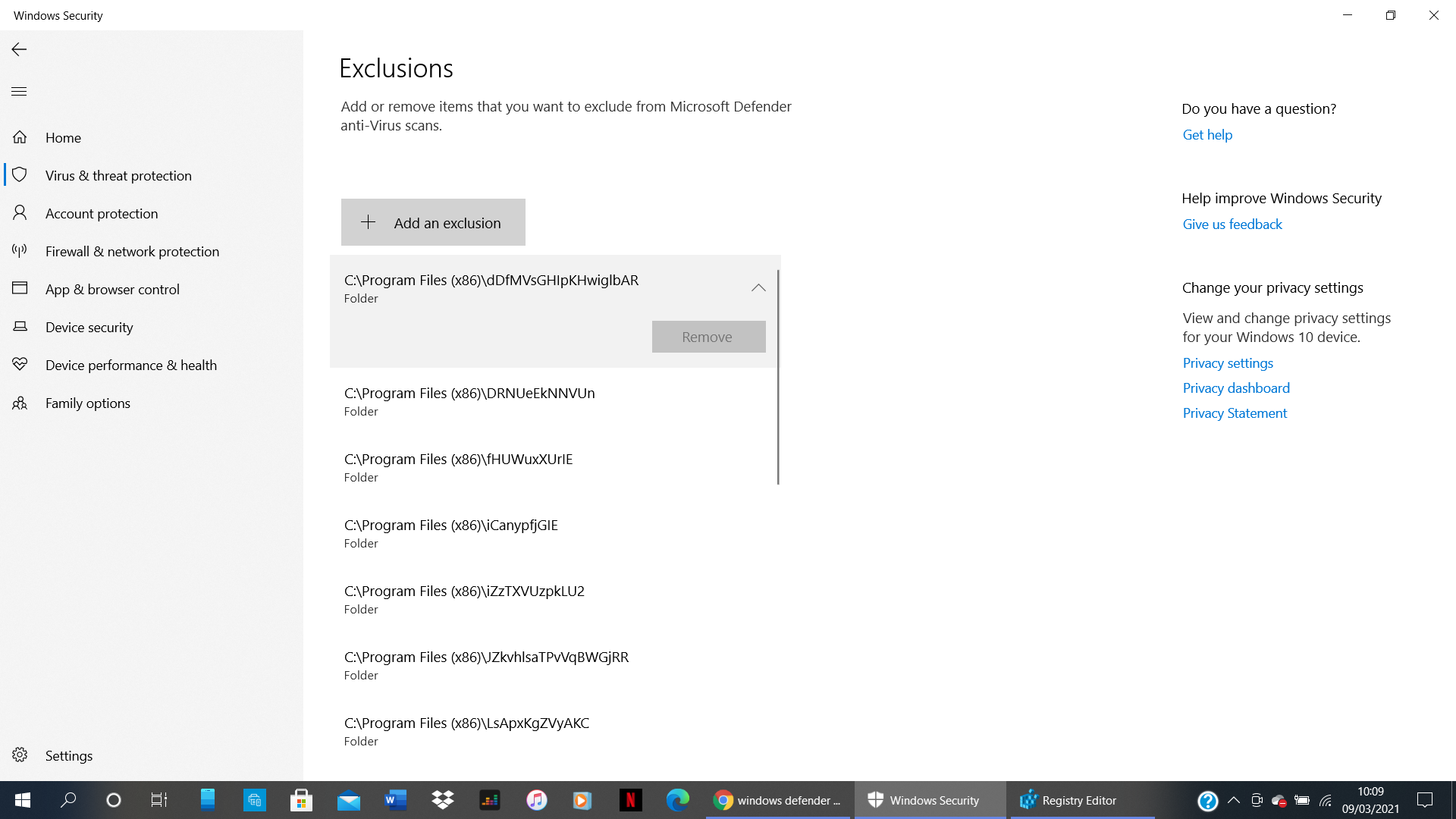 Windows Defender showing a list of greyed out Exclusions, but they don't show in the list... fee3b05b-a81d-49fb-afe7-50c255826818?upload=true.png