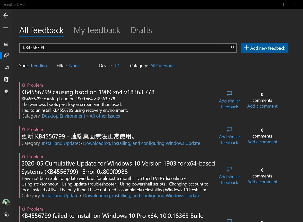 Windows 10 KB4556799 causes BSOD and network issues Feedback-1.jpg
