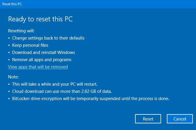 Windows 10 local reset goes to 91% and undoes changes. Cloud reset is unable to download. figure-2.png