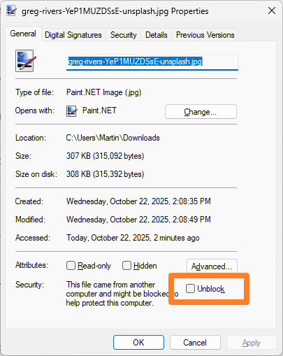 Windows 11 blocks previews for files downloaded from the Internet now file-explorer-unblock.png