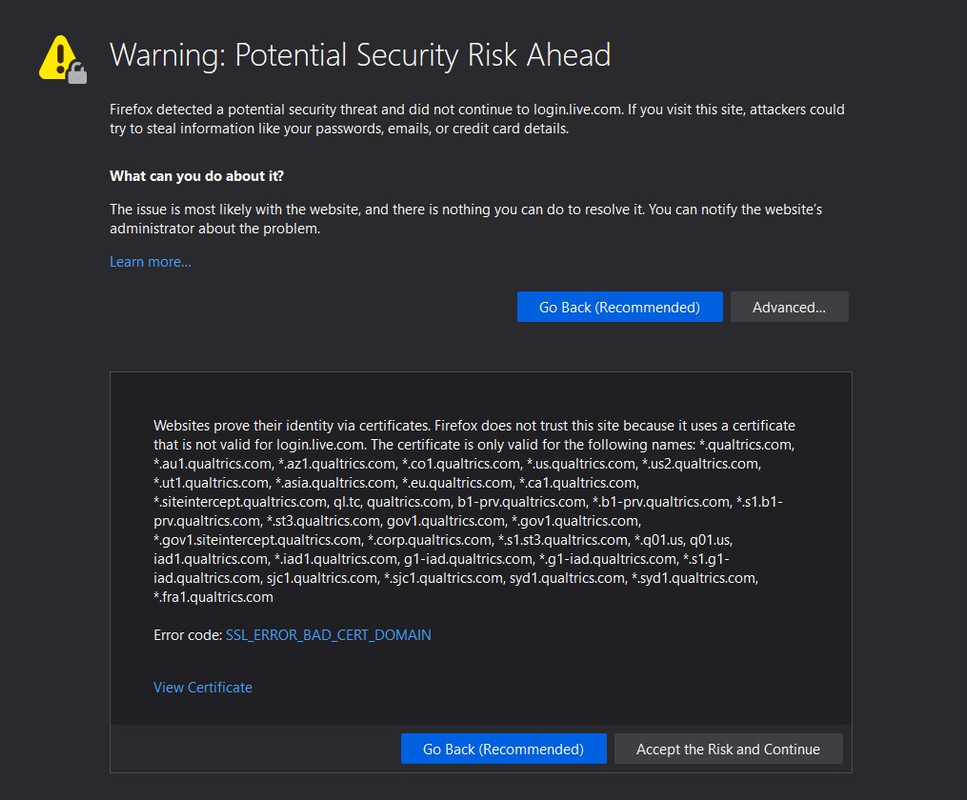 Two different problems reported by two different browsers for Outlook. Fire-Fox-accept-the-risk.jpg