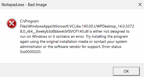 We've been receiving several BAD IMAGE errors with some dlls. 0x0000020 Windows 11 Is... fO0%2FPea44TCAnXQTZmchLiceZvfjYG2FoFDMVHG5aSyfpa%2BqHq03k8Y7hGDQaKG0lFtM3zxgEmvxzCfH7MdyV%2Fs%3D.png
