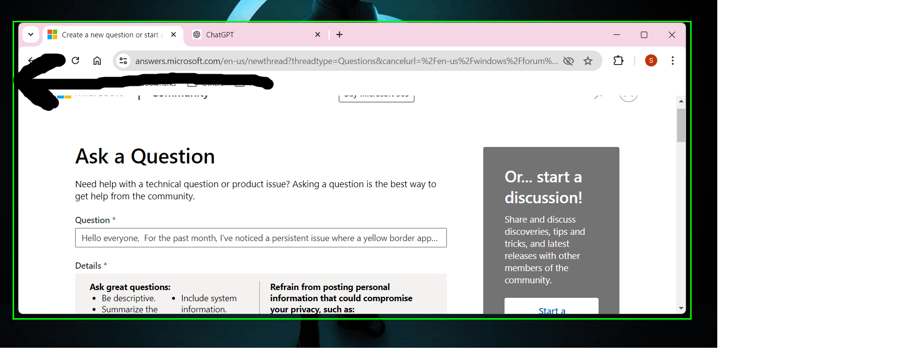 The yellow border when screen recording in Windows 23H2 is frustrating and affecting my... FPibTkArsKRRPejQsIyBLtgj%2BPjeYjJYlM0FEpLvsJxtomCtfyVc5YBs0l%2BlQRIO9OMY7HSuPsI4Aux99iOMaxV9w%3D.png
