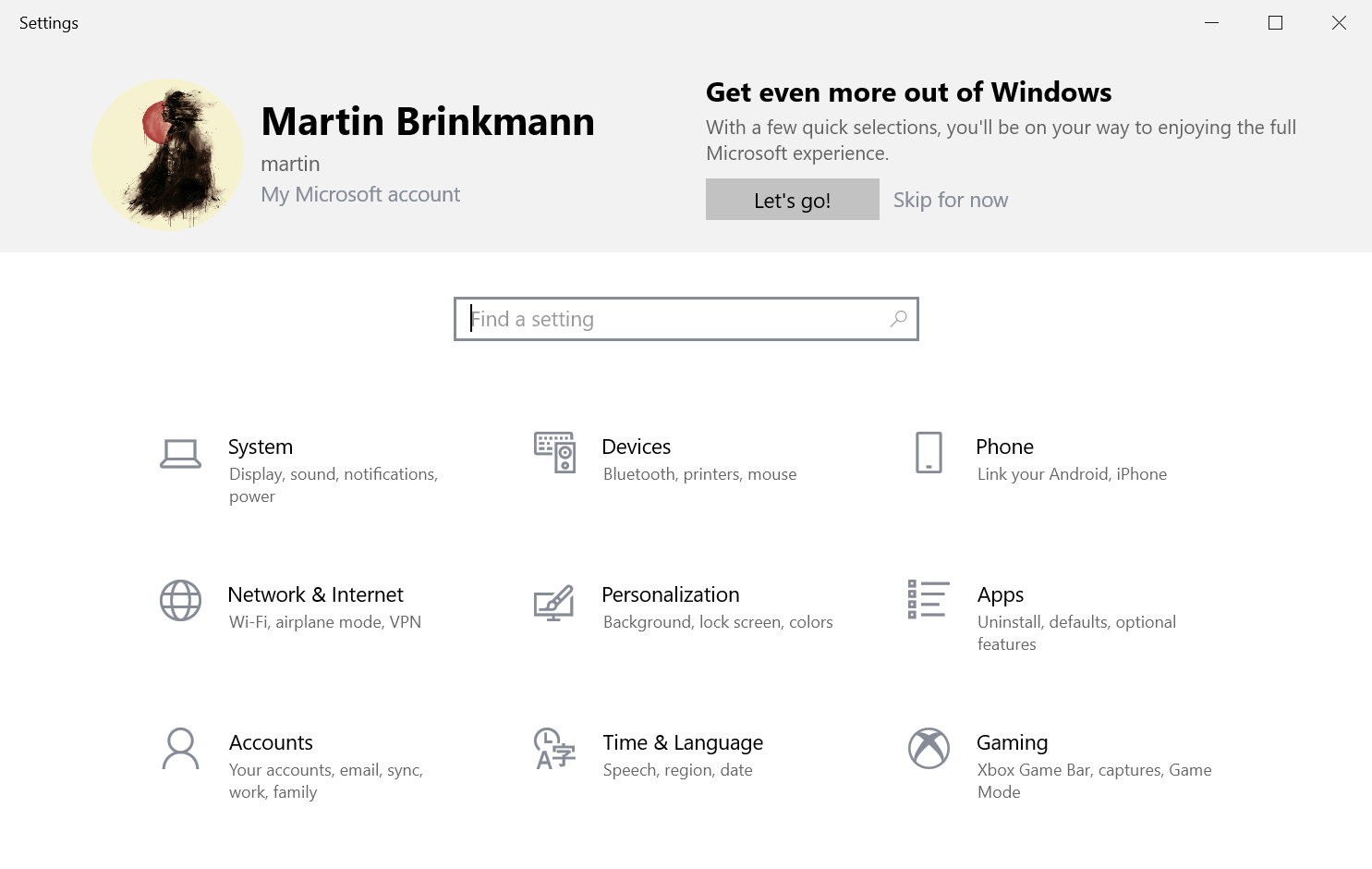 Don't activate the "Let's Go" button in the Windows 10 Settings application get-more-out-of-windows-lets-go.png