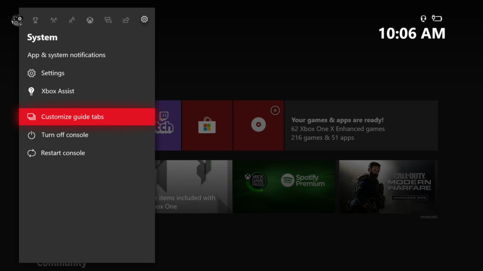 Xbox One Preview Alpha ring 1911 System Update 191023-1906 - Oct. 25  Xbox Guide-Customization-Option-1.png