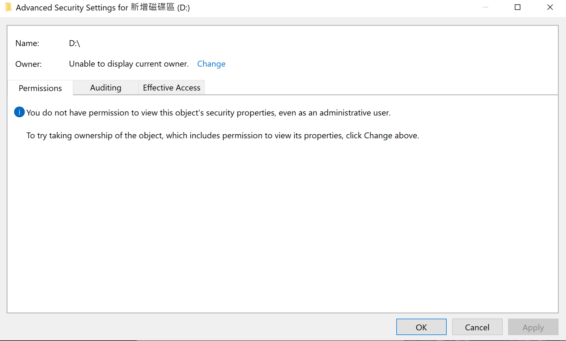 Lost my D-Disk's Administrator's Permissions on Full control GVDFyiFTkJa1re0G73hRnb9l%2fZooqaOZ32TnFZMWZo5N3FGD45T3W2DD5S5EZ4i3uEC6%2bgqQvsGpFRgk2fT2RtENw%3d.png