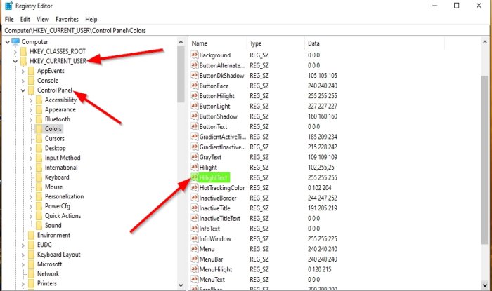How to change the Background Color of selected or highlighted Text in Windows 10 HilightText.jpg