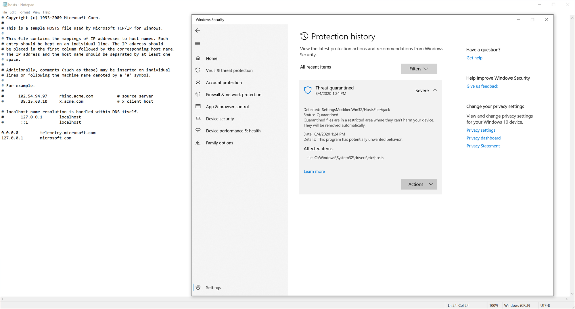 Microsoft Defender flags hosts files with Microsoft server redirects as malicious hosts-file-microsoft-defender.png