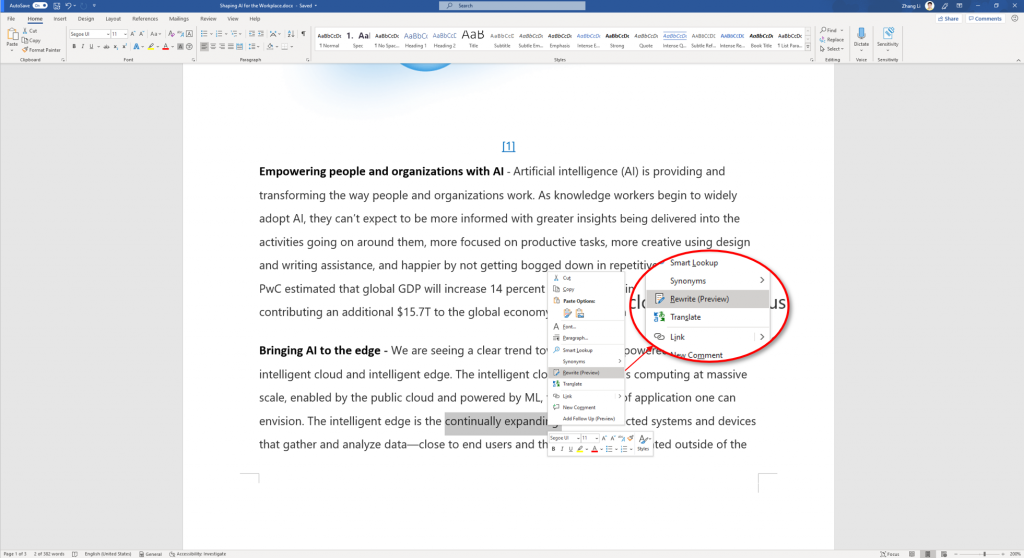 New Rewrite feature in Microsoft Word for Office 365 image2-1024x558.png