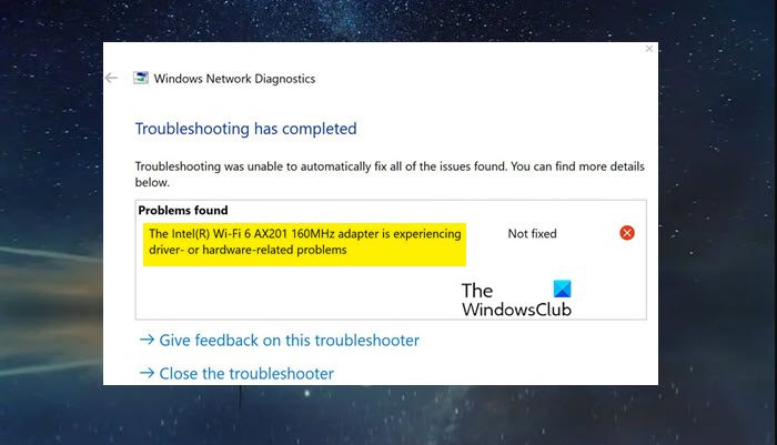 Intel(R) Wi-fi 6 AX201 160MHz driver not working on Windows 11/10 IntelR-Wi-fi-6-AX201-160MHz-Not-Working.jpg