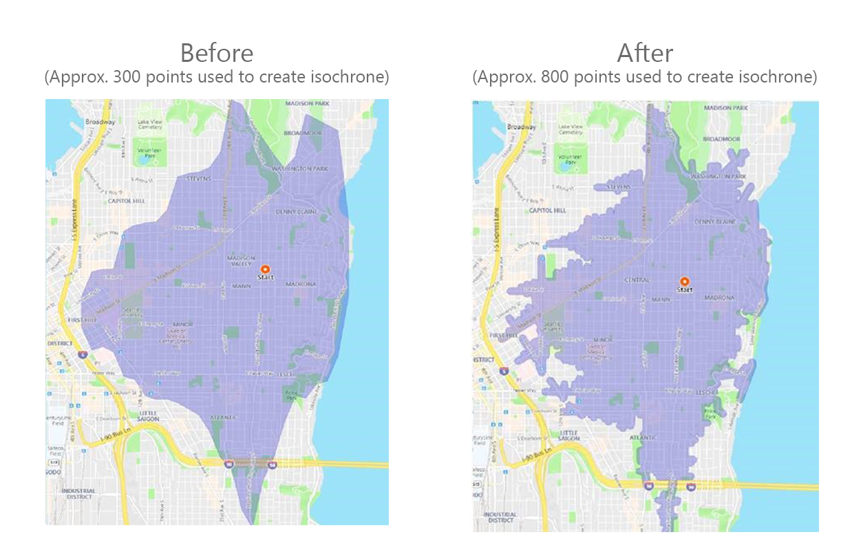 New Enhancements to Bing Maps Routing and Logistics APIs Isochrone_IncreasedPoints_Before_After.png