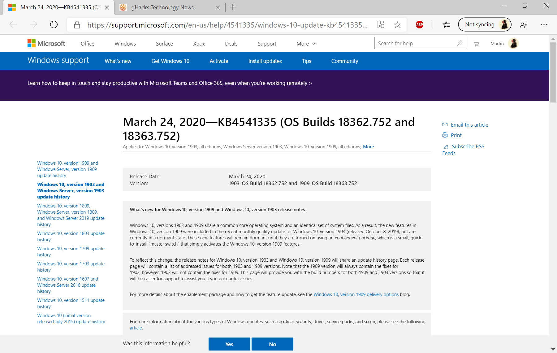 KB4541335 for Windows 10 1903 and 1909 released KB4541335-windows-10-1903-1909-update.png