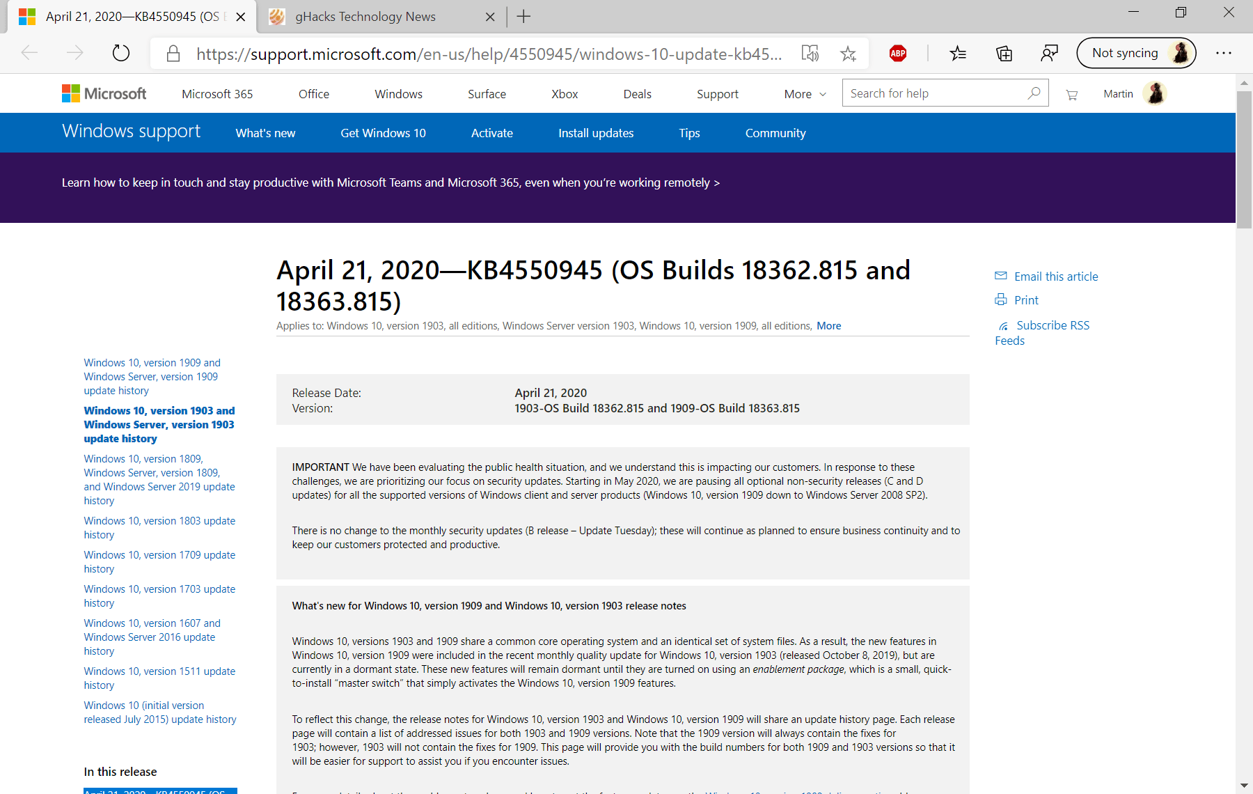 Microsoft releases KB4550945 for Windows 10 version 1903 and 1909 KB4550945-windows-10-1903-1909.png