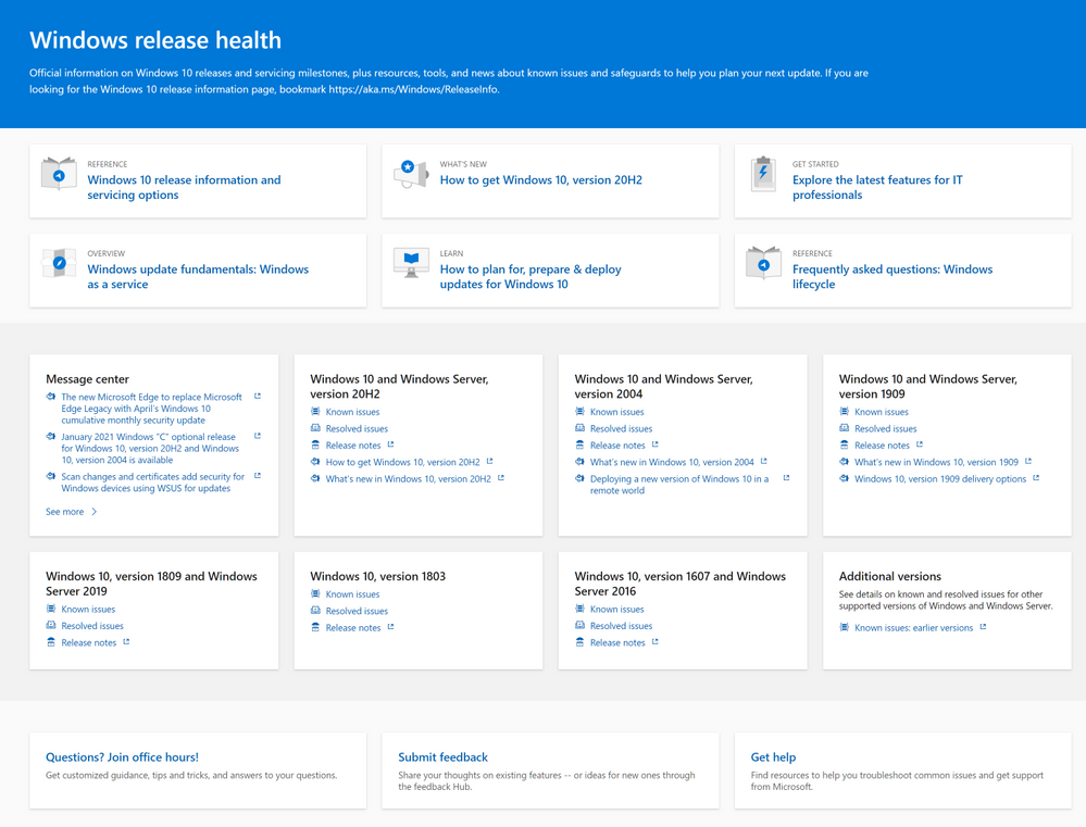 New hub and navigation experience for Windows 10 release health large?v=1.png