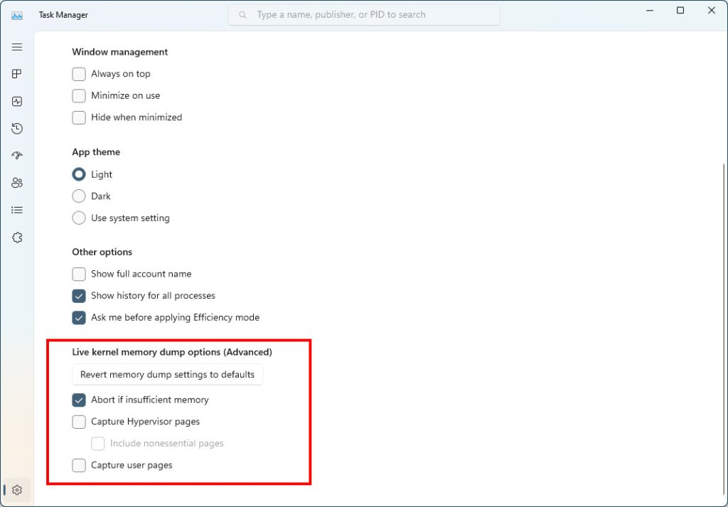 Windows 11 Preview Build 25276 lets you create live kernel memory dumps from the Task Manager Live-kernel-memory-dumps-settings-in-Task-Manager.jpg