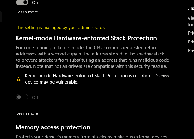 Device security Kernel=mode hardware-enforced stack protection is off LSR%2bhXiOrBgSilxhJ2GUCh8pYs0AzujFc8Ybj%2bBYWm4FgTsN1DNk%2b2Z99OiSeTBHFpPUMny4zbU7yrWLtLU9wgA%3d.png