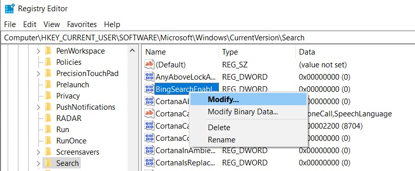 It’s not just you, Windows 10 Search is giving blank results Modify-DWORD.jpg