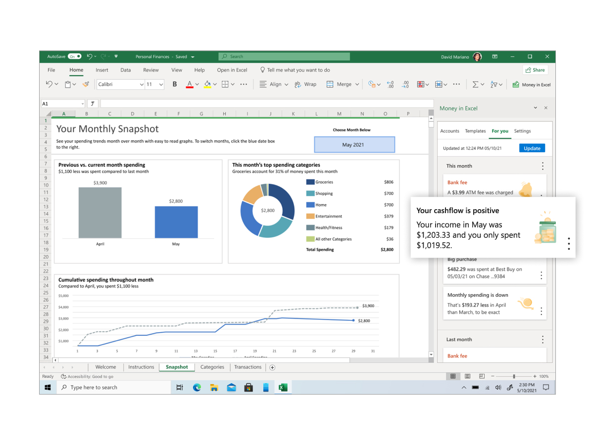 What is new in Microsoft 365 for individuals and families Money-in-Excel_Cash-Flow-Insights.jpg