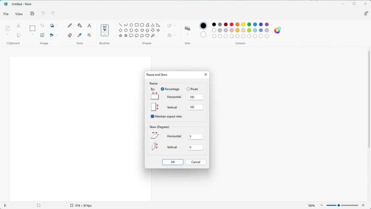 Paint app update for Windows 11 Insiders brings new dialog boxes for Edit Colors, Resize... Ms-Paint-old-version-resize-and-skew-scaled.jpg