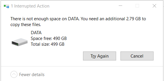 While copying, showing insufficient space, but the drive has more than double free. MWUR11M1ba685sx%2fDmHtfTOyy0lJ4bHfeDSFs5VpoSx2d8SfXMAvG2s%2fSd6X0i8q6w5Df0%2fQ4W%2fnJQ0f5V69c%3d.png