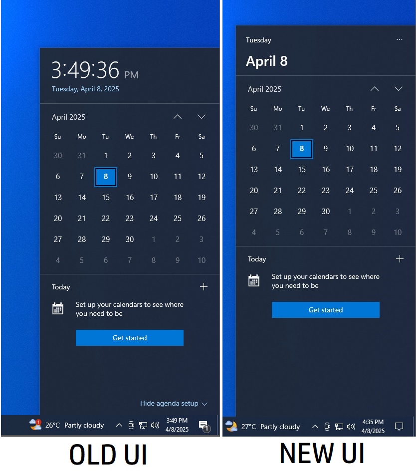 Windows 10 KB5055518 remove seconds from the clock, following Windows 11 New-Calendar-Flyout-without-clock-seconds-on-Windows-10.jpg