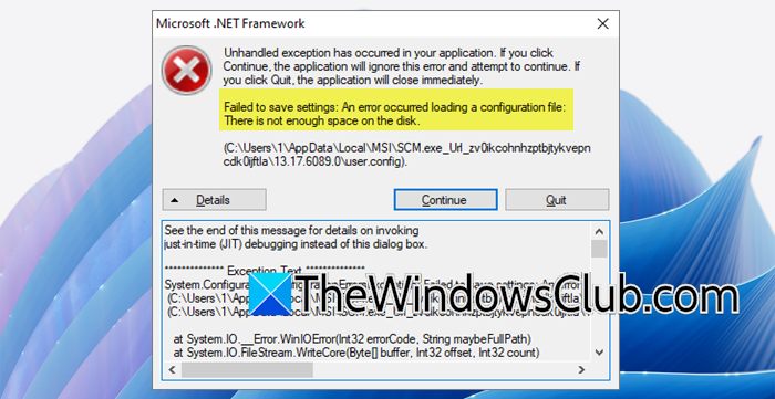 Microsoft .NET Framework Unhandled exception, Not enough space on the disk no-space-left-net-1.png