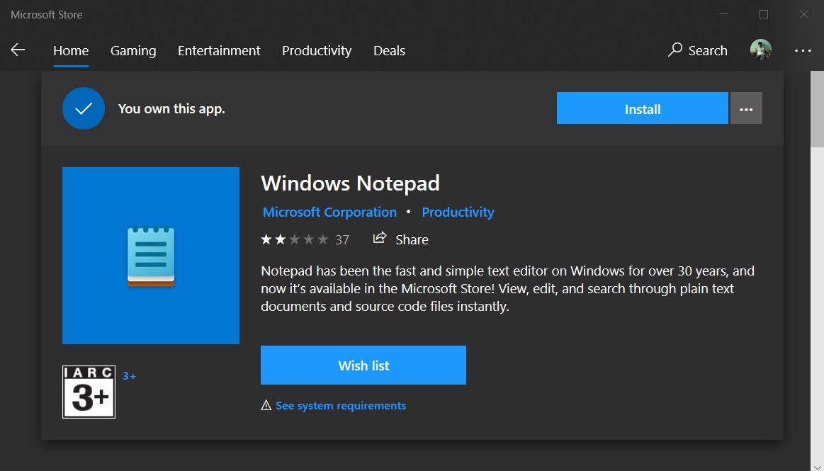 Windows 10 feature update makes Notepad a separate Store app Notepad.jpg