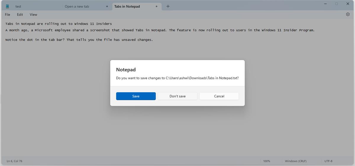 Tabs in Notepad are rolling out to Windows 11 Insiders Notepad-windows-11-unsaved-tabs-prompt.jpg
