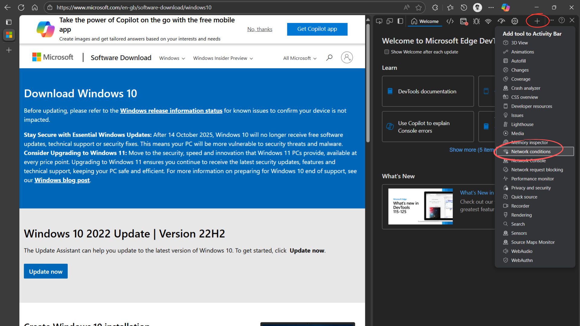 Download Windows 10 ISO files, save a copy before end of support Open-Network-conditions-in-Edge.jpg