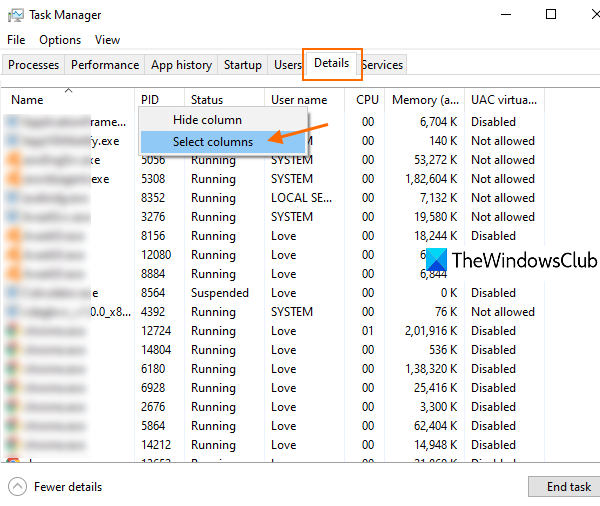 How to check if a process is running with admin rights in Windows 10 open-Select-columns-box.png