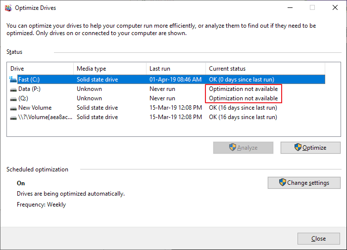 Fix "Optimization Not Available" in Optimize Drives in Windows optimization-not-available.png
